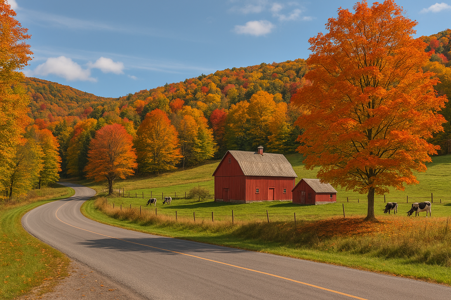 Scenic countryside view during a fall foliage driving tour Vermont, featuring a winding road, red barn, and vibrant autumn trees in peak color.