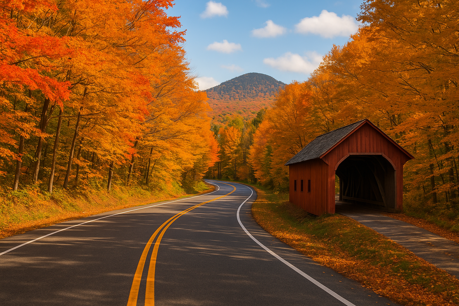 Covered bridge and winding road surrounded by vibrant fall colors on the Molly Stark Byway during a fall foliage driving tour Vermont.