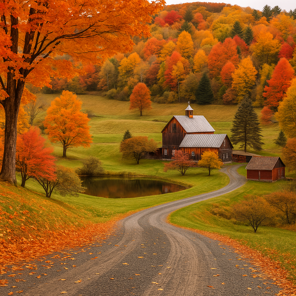 Scenic fall foliage road leading into the hills near Woodstock, Vermont – a perfect fall town to discover with vibrant autumn colors and peaceful countryside views. Things to Do in Vermont in the Fall include exploring Woodstock's iconic landscapes like this.