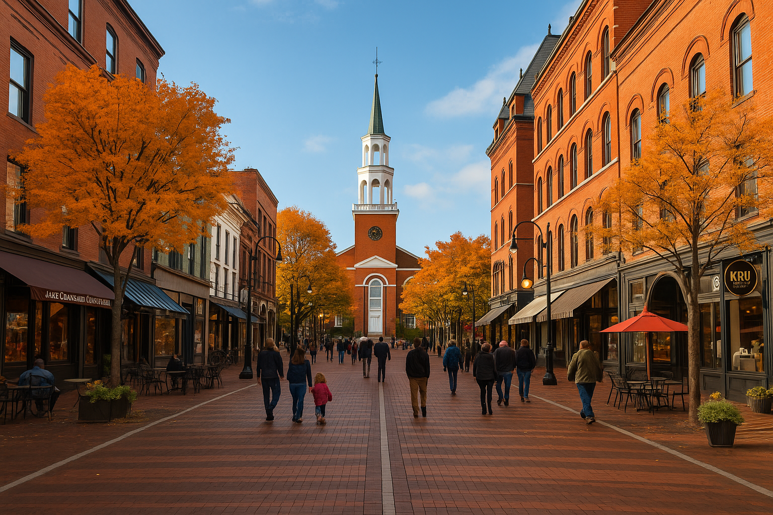 A scenic autumn road in Vermont lined with brilliant fall foliage under a golden sky, capturing the serene beauty typical of must-see attractions in Burlington during fall.