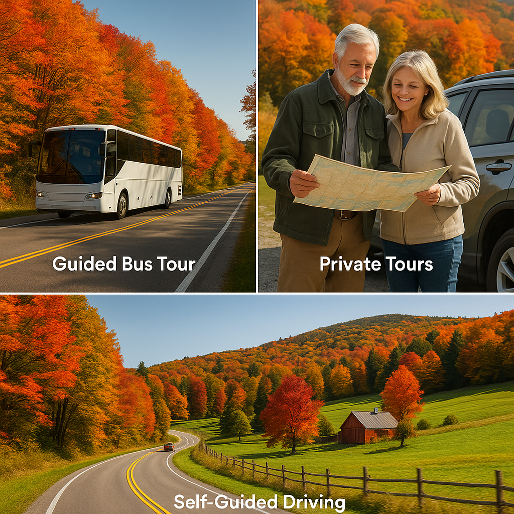 Scenic view of a winding Vermont road surrounded by vibrant fall foliage, representing the variety of Vermont fall foliage tours available across the state.