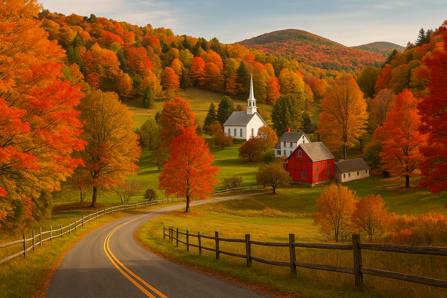 Scenic view of a winding Vermont road surrounded by vibrant autumn foliage, perfect for Vermont fall foliage tours — Conclusion: Vermont in Fall Is Worth the Trip.