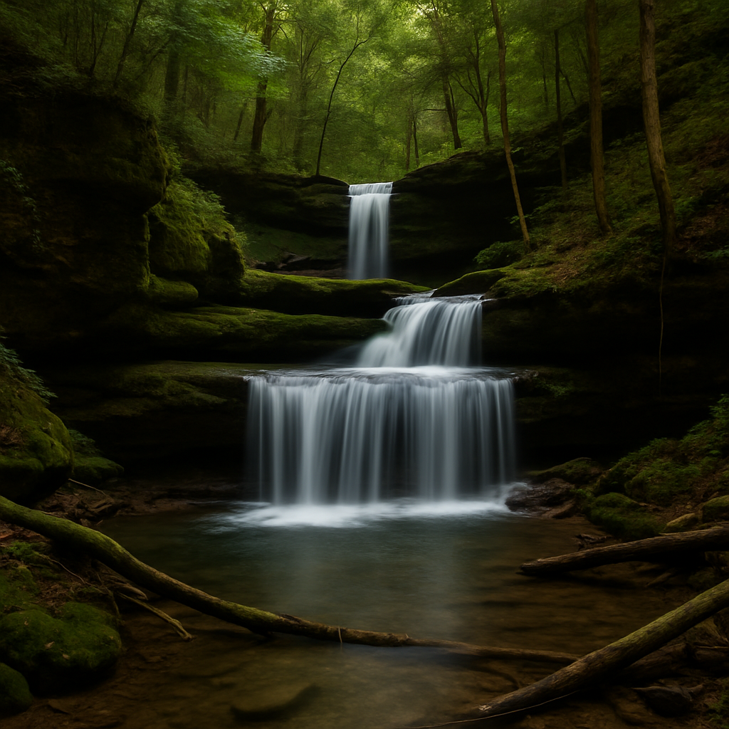 A hiker stands on mossy rocks admiring a hidden waterfall in North Alabama, surrounded by lush green forest—perfectly capturing the adventure of discovering hidden waterfalls worth the hunt.