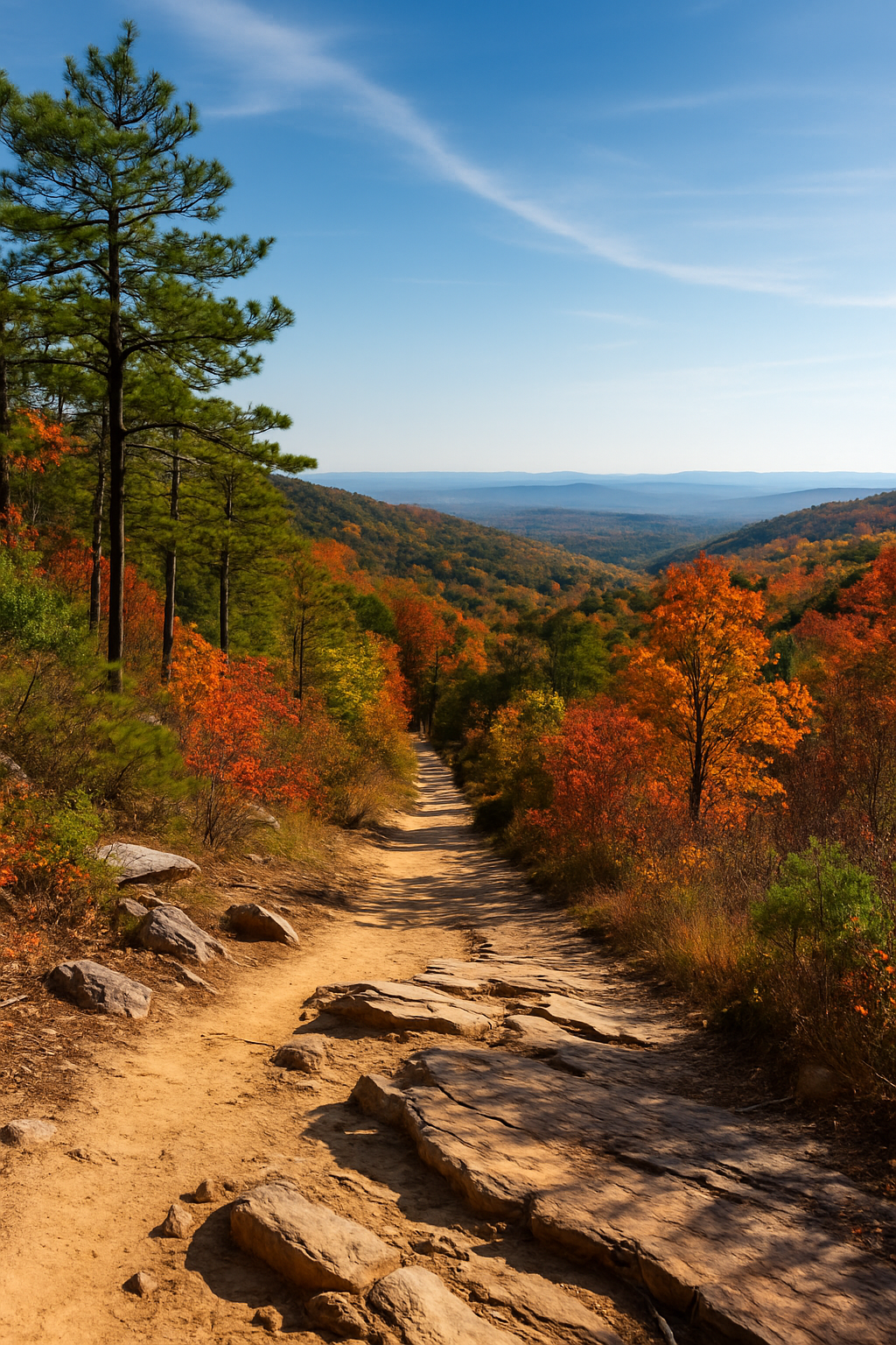 Scenic forest trail winding through the Talladega Mountains, showcasing rocky paths, pine trees, and hikers enjoying the best hiking trails in the region.