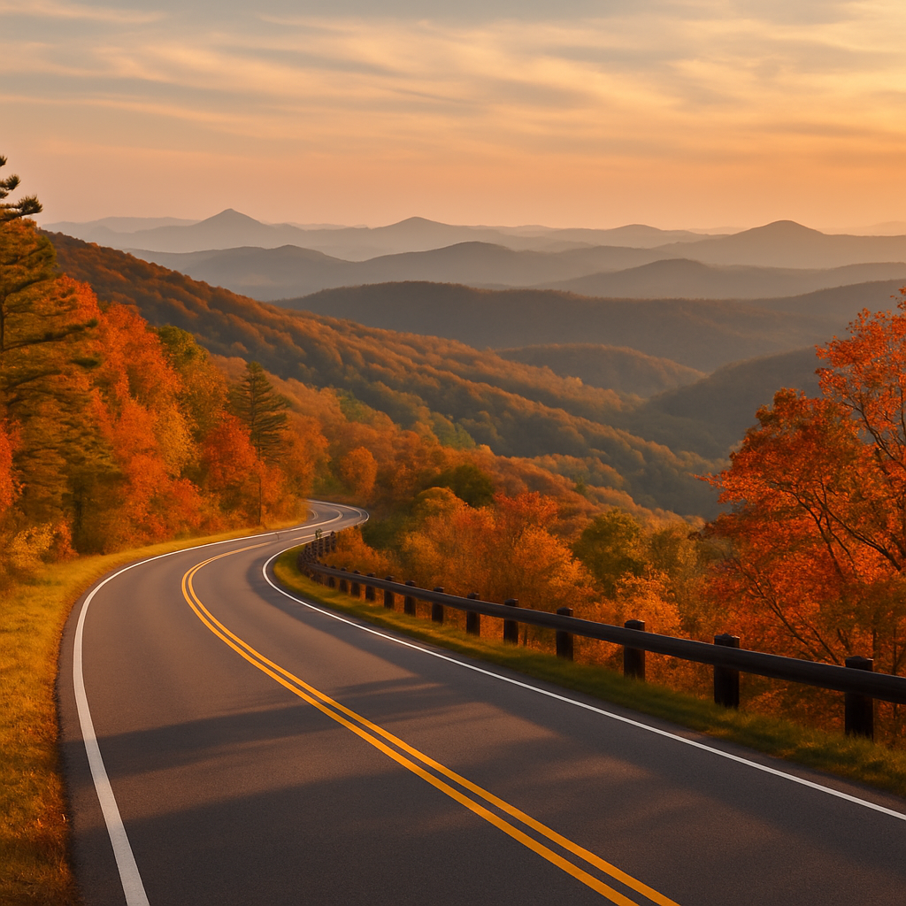 Winding scenic drive through the Talladega Mountains with sweeping forest views and vibrant fall foliage along the mountain ridge