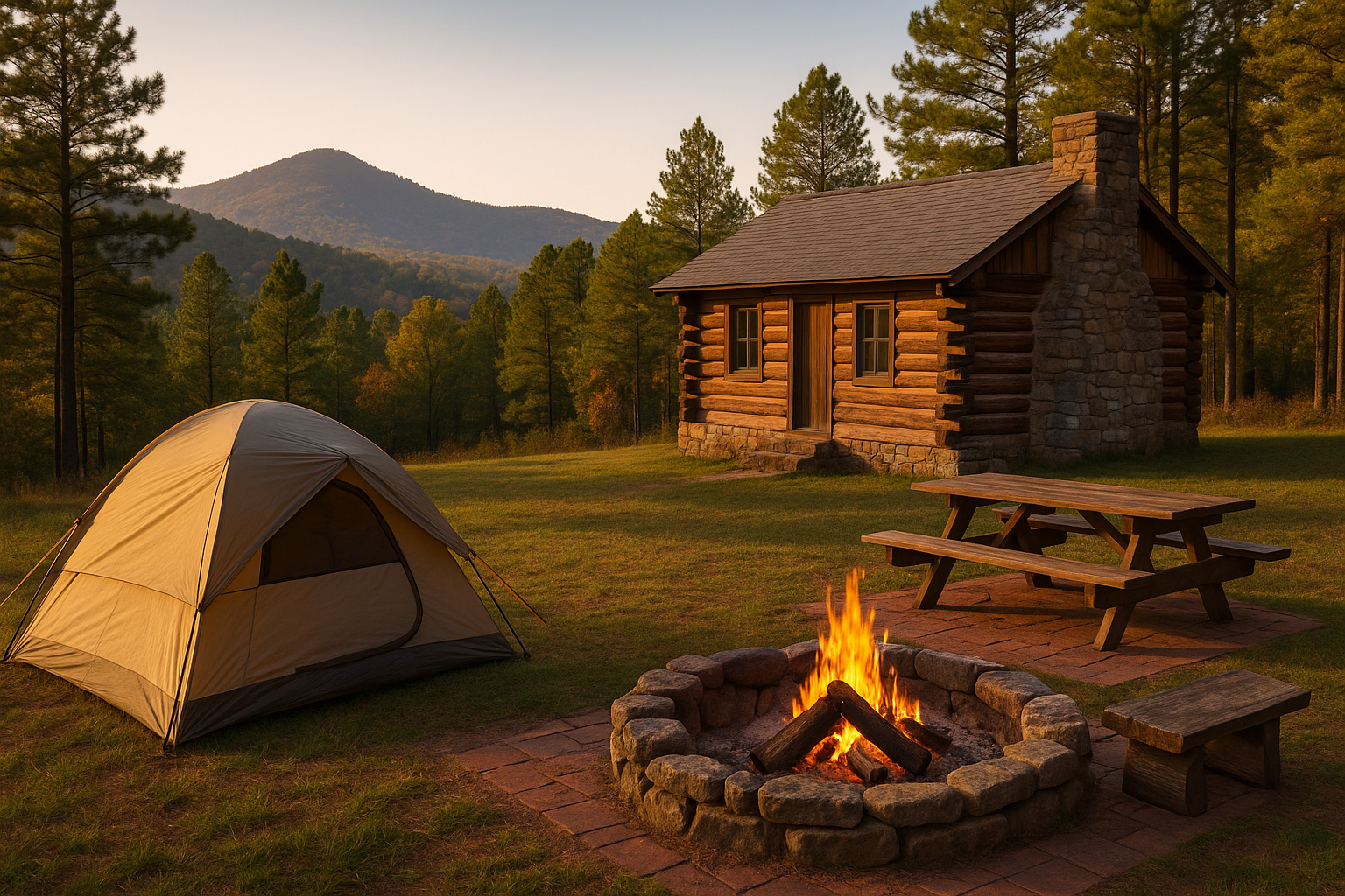 Rustic cabins and peaceful campsites nestled in the Talladega Mountains, offering scenic views, forest surroundings, and easy access to hiking trails.