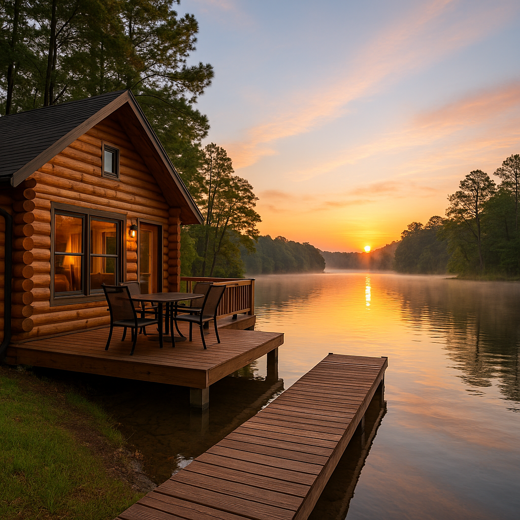 Lakefront cabin at sunrise on Lake Hamilton Arkansas with wooden deck and mist rising over calm water