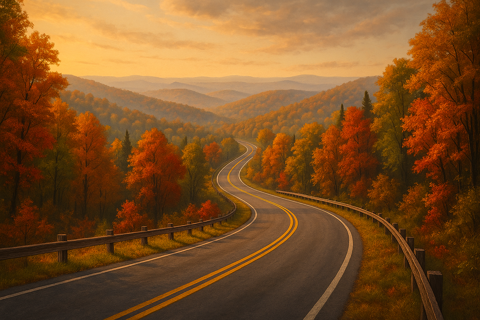 A winding scenic road surrounded by autumn-colored trees in the countryside, representing one of the best scenic drives in Alabama – a true off the beaten path Alabama experience.