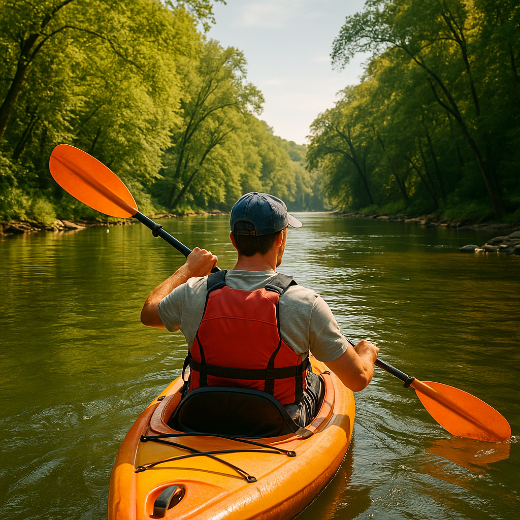 A kayaker glides down the calm, tree-lined Flint River in North Alabama, capturing the peaceful essence of kayaking in Off the Beaten Path Alabama.