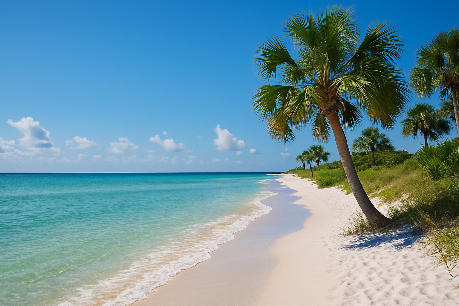 A tranquil tropical beach scene representing Mobile Alabama Beaches, featuring calm turquoise waters, soft white sand, and palm trees under a bright blue sky, perfect for a peaceful coastal retreat.