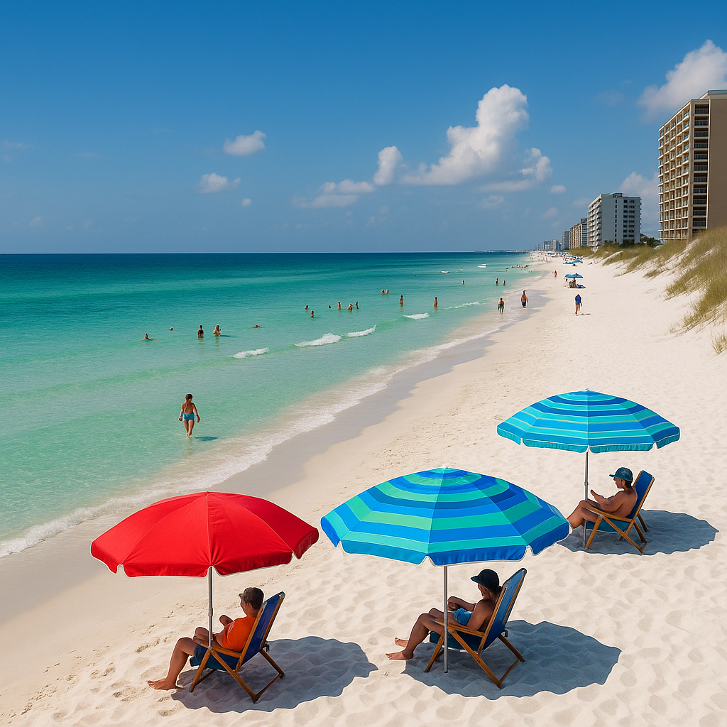 A serene beach scene on the Florida Gulf Coast near the Alabama border, featuring soft white sand, turquoise water, and gentle waves under a clear blue sky — perfect for a cross-state beach getaway. Focus keyword: Florida Beaches Close to Alabama
