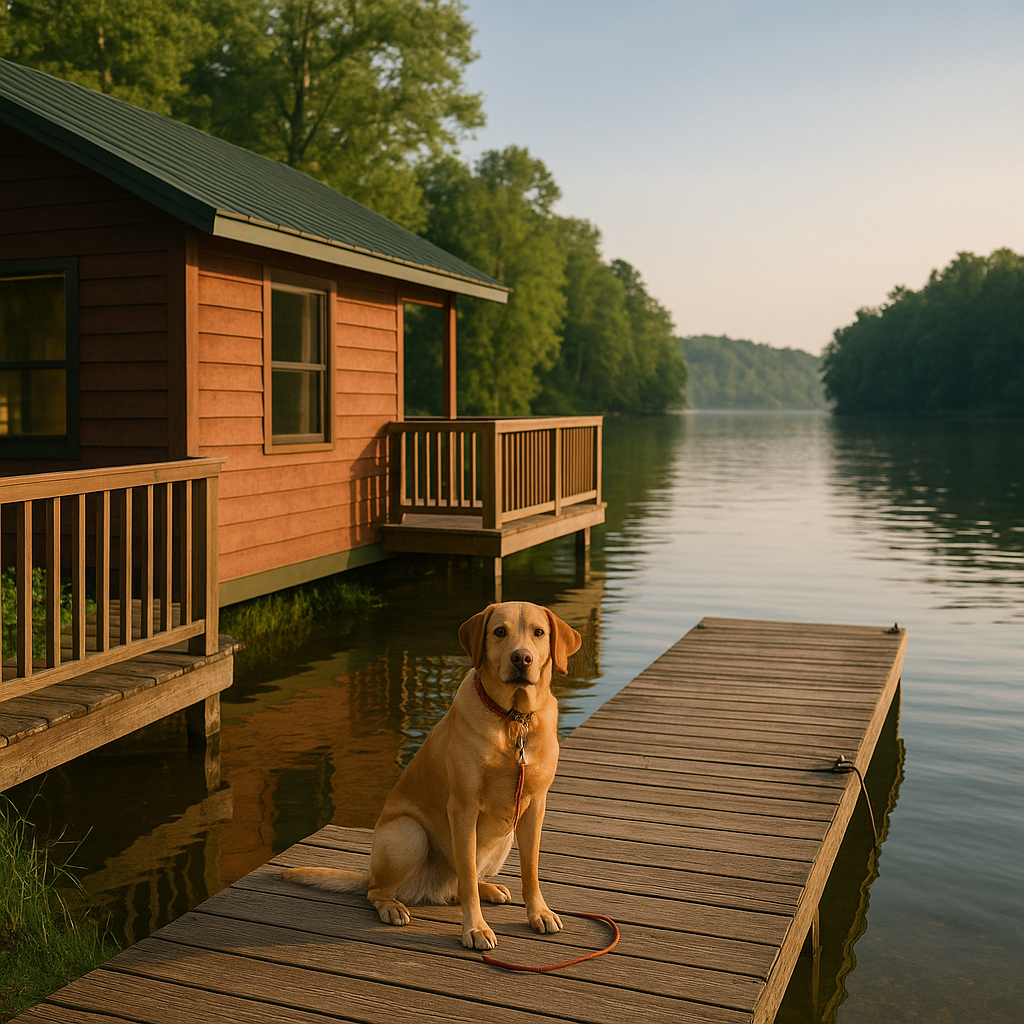 Pet-friendly cabin on Lake Hamilton Arkansas with Labrador sitting on dock by calm water and trees in background