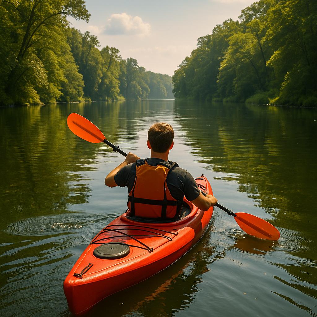 A kayaker glides through calm, tree-lined waters under a clear sky, showcasing the tranquil side of Off the Beaten Path Alabama and the peaceful charm of its lesser-known rivers and streams. 