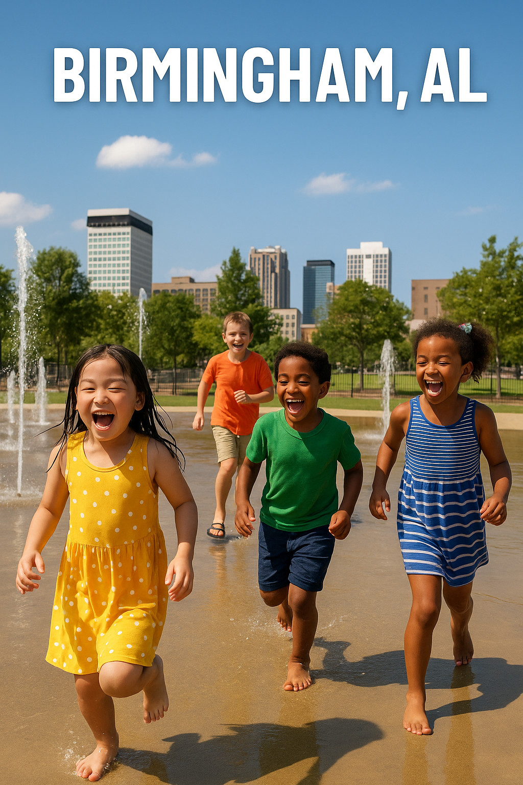  Children playing joyfully at a splash pad under colorful water jets on a sunny day, capturing a family-friendly moment in Off the Beaten Path Alabama.