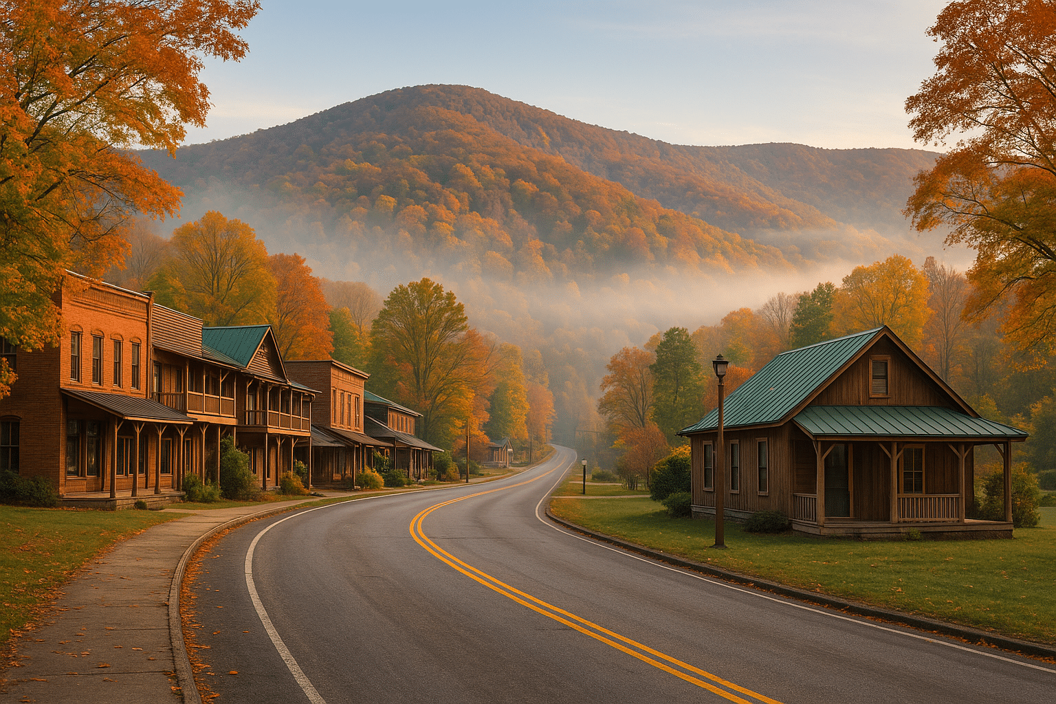 Panoramic view of Alabama Mountains in autumn, with rolling forested hills and vibrant fall foliage under a golden sky.