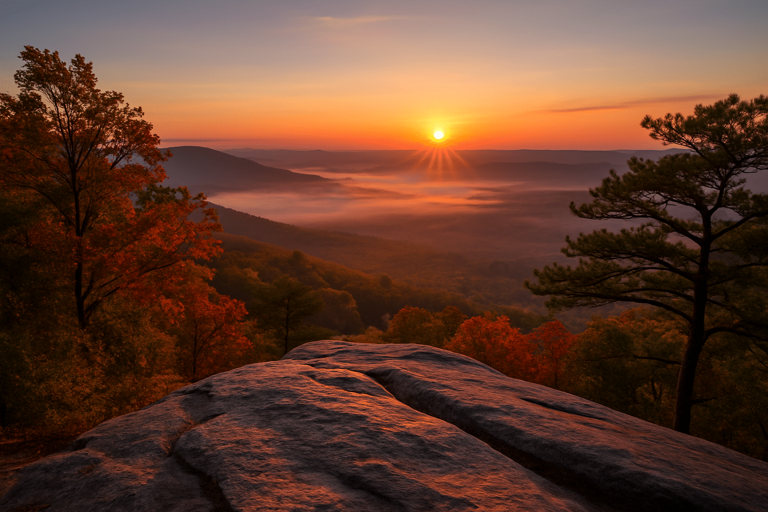 Sunrise over the Alabama Mountains from a rocky overlook, with mist-filled valleys and autumn foliage.