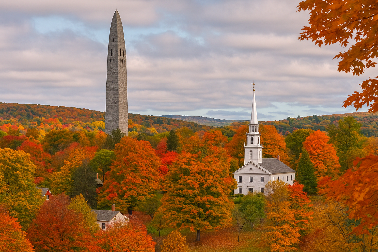  Discover Bennington – Art, History, and October Gold in the Heart of Vermont: A classic New England town nestled in vibrant fall foliage, featuring a white-steepled church, red barns, and colorful maple trees, capturing the essence of Bennington’s autumn charm.