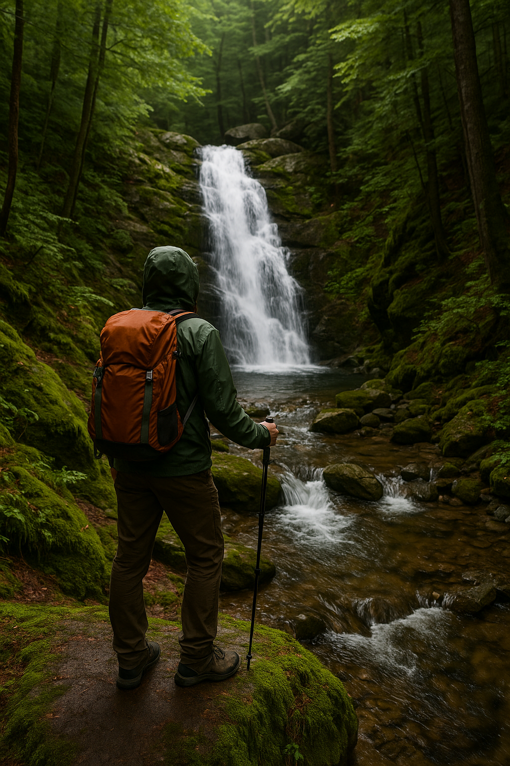 Essential gear for exploring secret waterfalls in New England, including hiking boots, map, backpack, compass, and safety tools—highlighting why preparation matters for hidden waterfall adventures.
