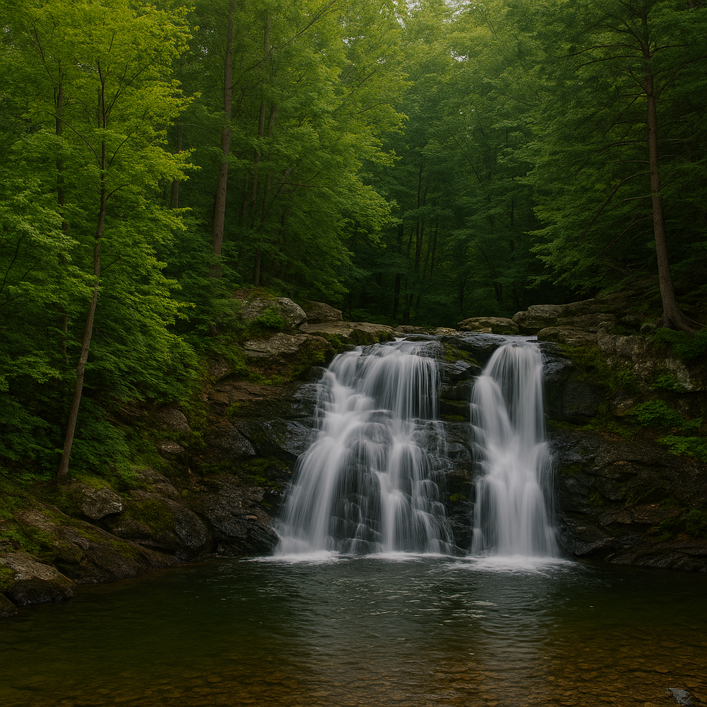 Scenic forest waterfall flowing over rocky ledges, representing a peaceful nature destination featured in a downloadable itinerary for exploring waterfalls near Boston.