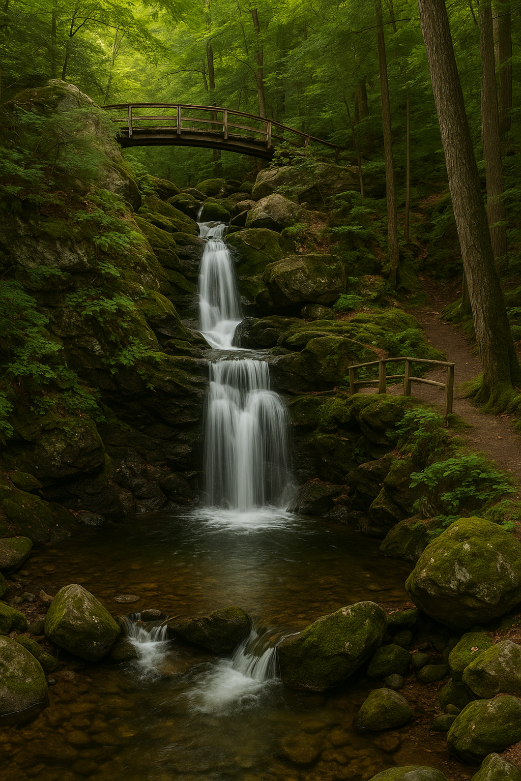 A peaceful woodland waterfall at Stevens Glen in West Stockbridge, surrounded by mossy rocks and dense forest—an ideal example of waterfalls in the Berkshires.