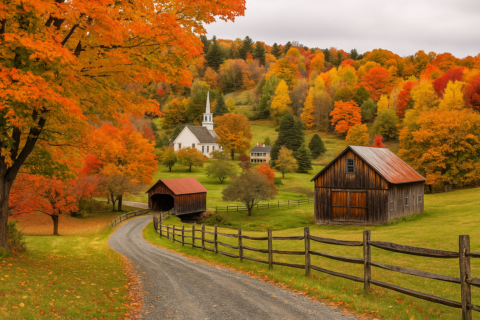 Discover Waitsfield – A hidden gem of the Mad River Valley in the heart of Vermont fall, featuring vibrant autumn foliage, a white-steepled church, red barns, and colorful maple trees that define small-town charm in one of the best fall towns in Vermont.