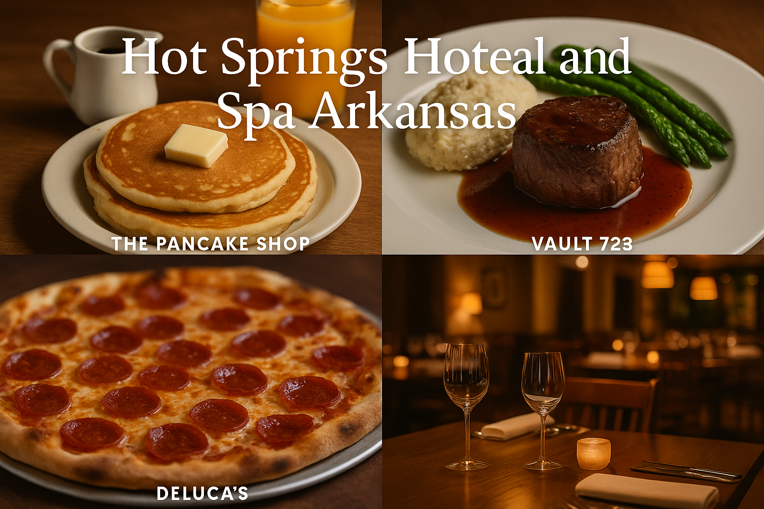 <img src="hot-springs-dining-options.png" alt="Breakfast pancakes from The Pancake Shop, filet mignon from Vault 723, pepperoni pizza from Deluca’s, and elegant dining table near Hot Springs Hotel and Spa Arkansas" /> 