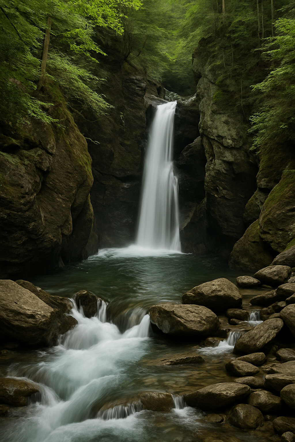 A scenic waterfall in Vermont cascading into a clear pool surrounded by moss-covered rocks and dense forest.