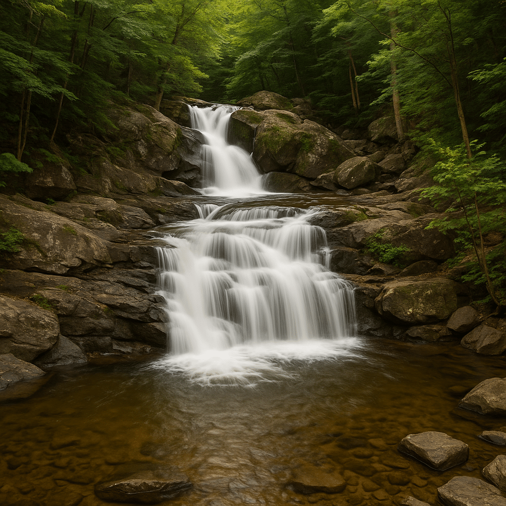 Buttermilk Falls in Ludlow, one of the most scenic waterfalls in Vermont in New England, featuring gentle cascades and natural swimming holes surrounded by lush forest.