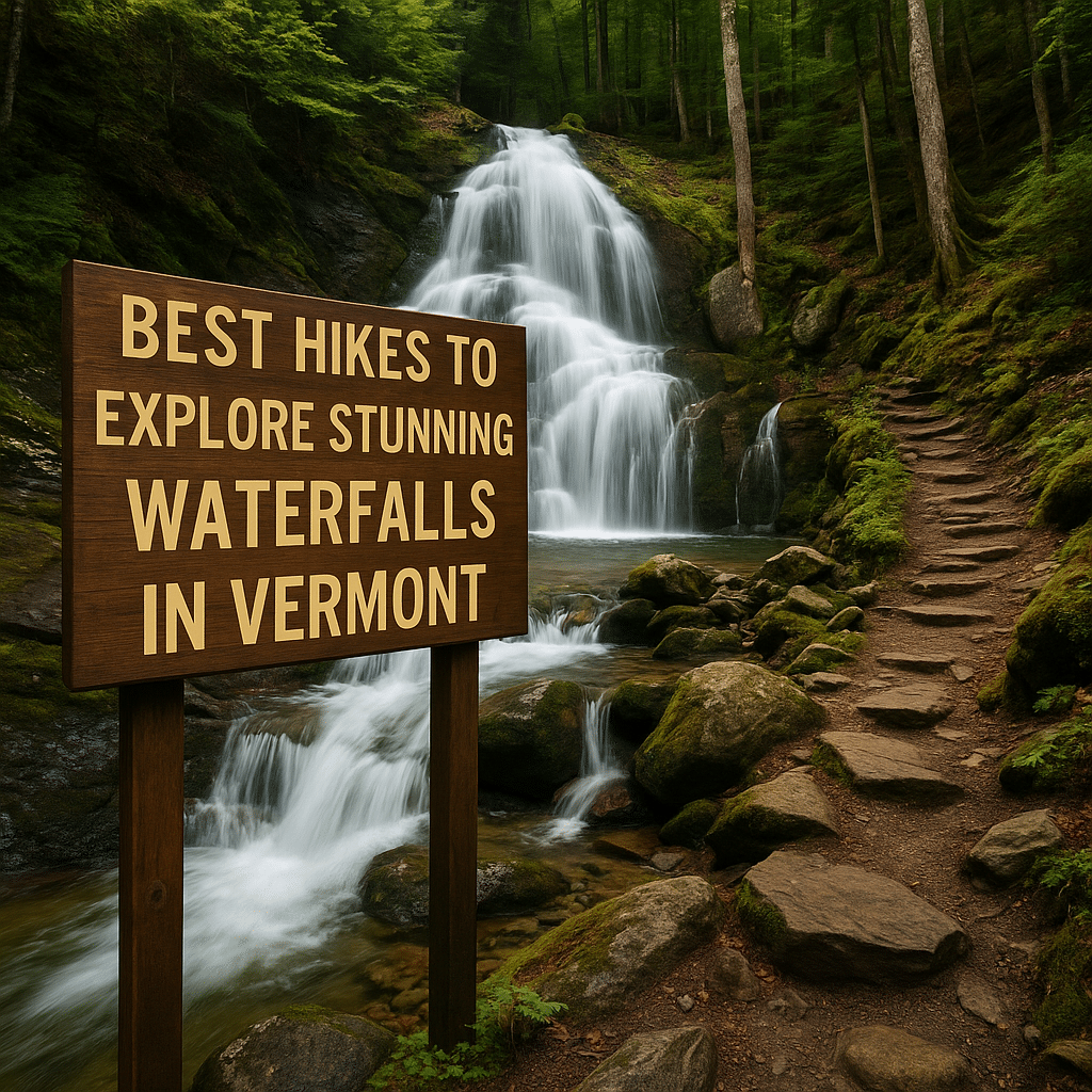 Scenic forest trail leading to waterfalls in Vermont in New England, perfect for hiking and nature exploration.