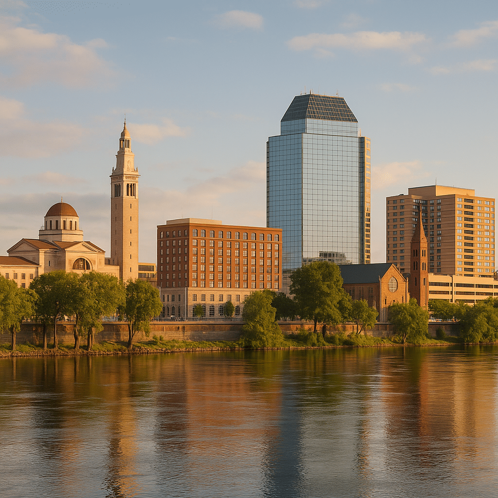 Downtown Springfield skyline with modern buildings, green spaces, and affordable urban living vibe