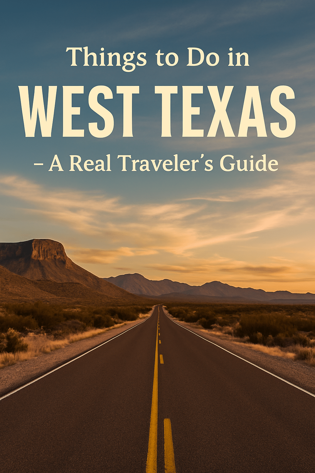 Scenic open highway at sunset in West Texas, surrounded by desert and mountains – perfect for a road trip exploring top things to do in West Texas.