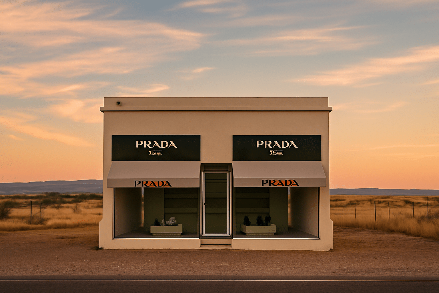 Prada Marfa art installation in the West Texas desert at sunset, showcasing the town's unique blend of art and mystery.