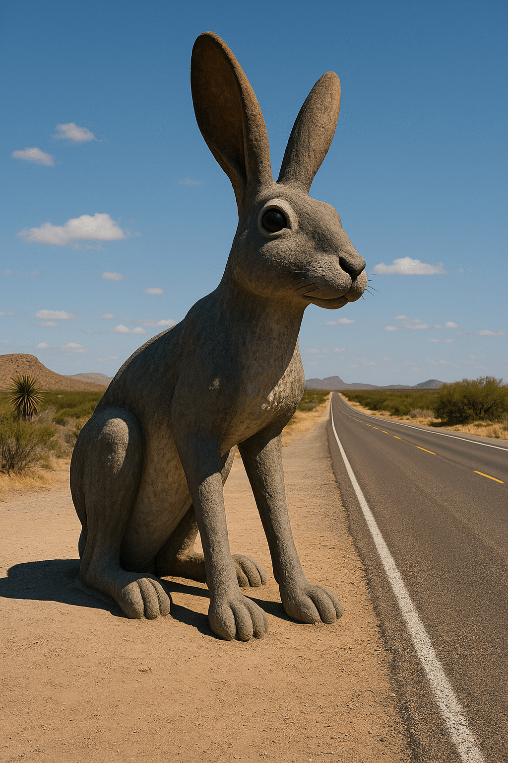 Giant jackrabbit statue on a desert roadside in West Texas, capturing the quirky roadside attractions unique to the region.