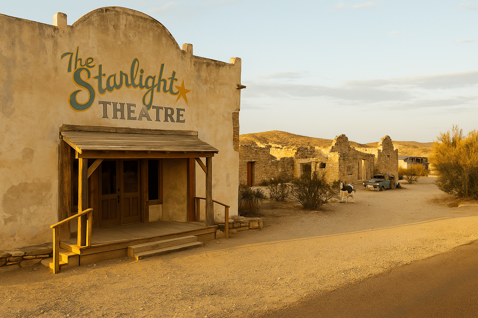 The Starlight Theatre and surrounding adobe ruins in Terlingua, West Texas, at sunset—capturing the ghost town’s rustic charm and quirky spirit.