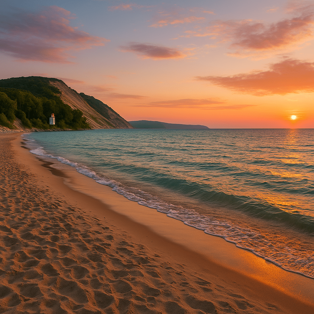 Sunset view at Empire Beach Michigan with golden sand, calm Lake Michigan waves, and a lighthouse near forested dunes.