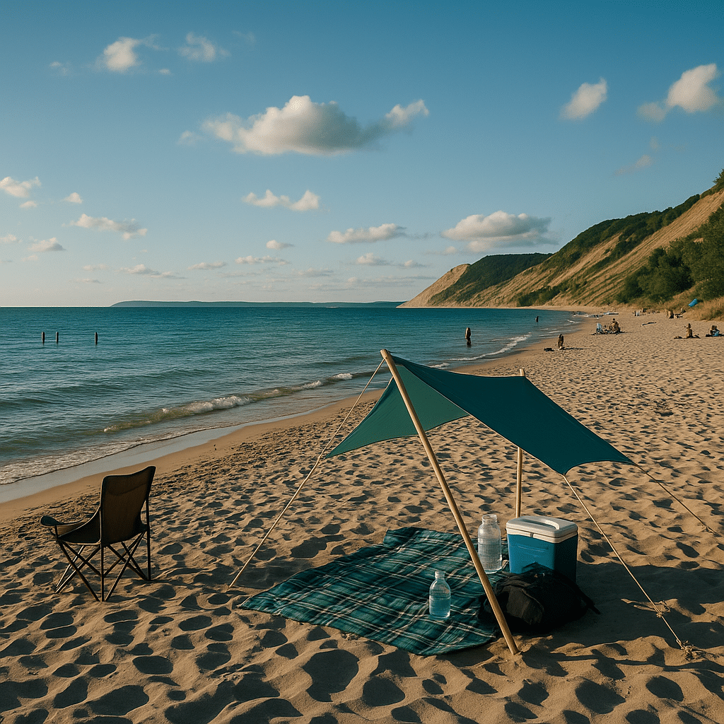 Empire Beach Michigan in the evening, featuring a sunshade tent, cooler, and gentle waves along a quiet sandy shoreline with dunes in the background.