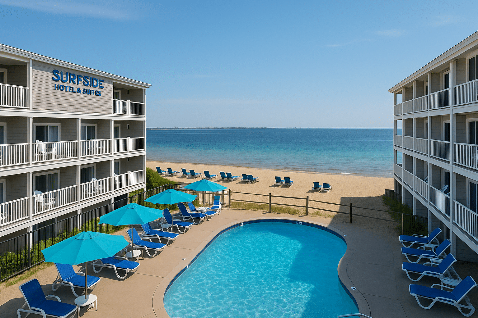 Oceanfront view of Chatham Bars Inn with lounge chairs facing the Atlantic Ocean on Cape Cod.
