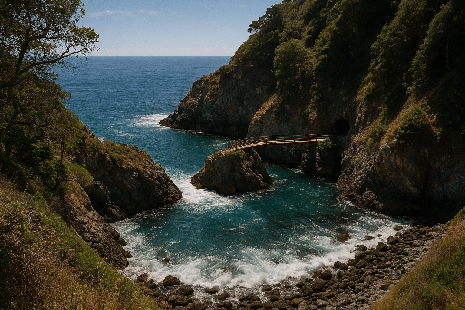 Scenic view of Partington Cove Trail Big Sur CA with a wooden bridge, rocky cliffs, and turquoise ocean waves.