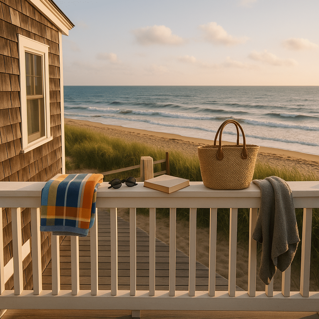 A cozy Massachusetts beach hotel with a wooden deck overlooking the ocean, featuring lounge chairs, coastal décor, and a peaceful sandy shoreline at sunset.
