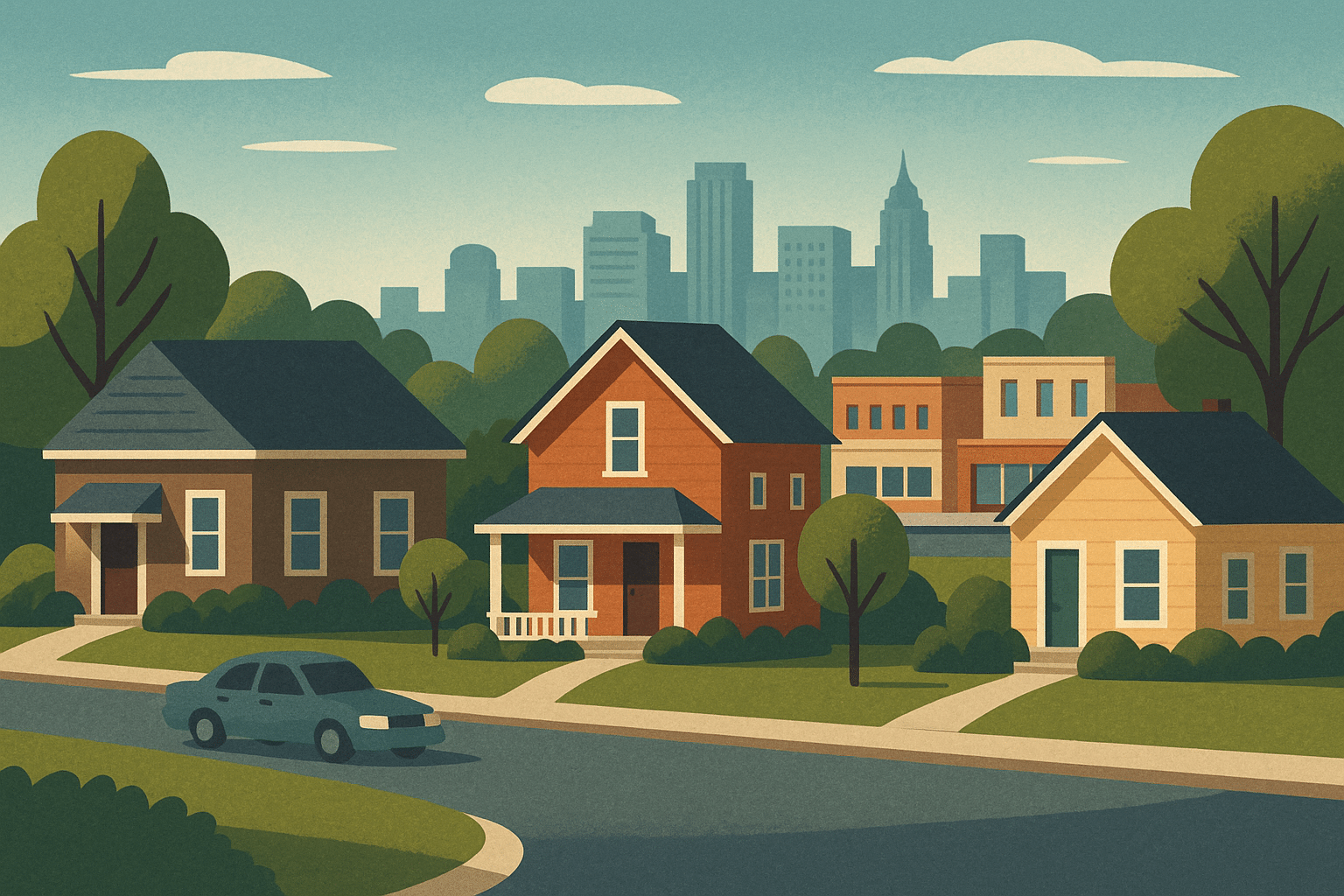 Suburban neighborhood in Westfield with affordable homes and a city skyline in the background, highlighting its convenient location