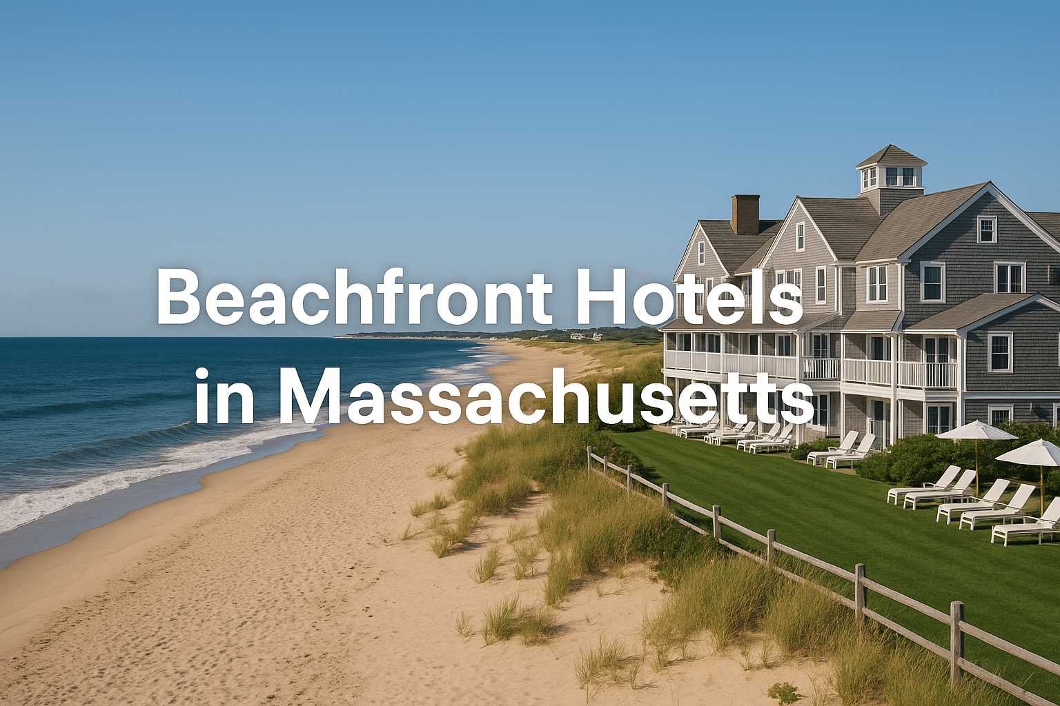 Beautiful beachfront hotels Massachusetts with ocean view and sandy beach under a clear blue sky.
