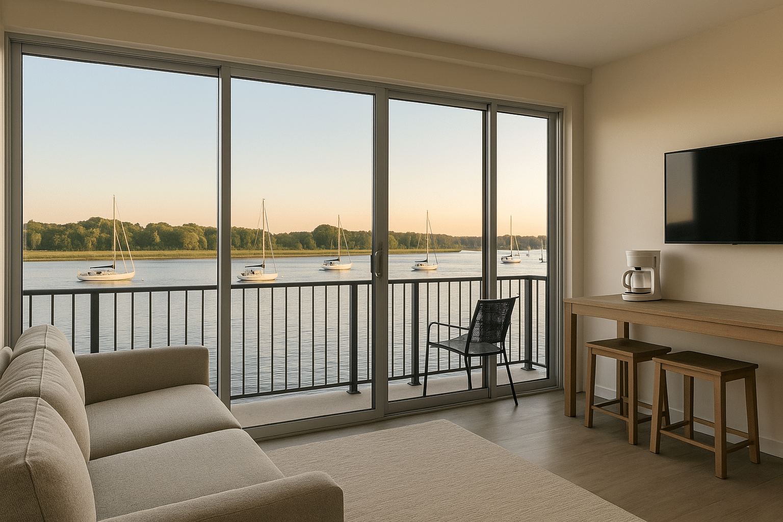 Modern Harborfront Suites in Newburyport with floor-to-ceiling windows offering panoramic views of the Merrimack River and nearby sailboats.