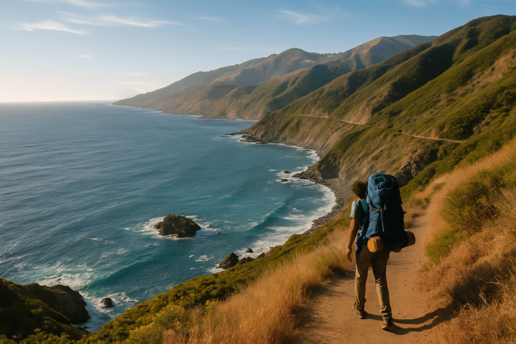 Scenic coastal trail with a backpacker overlooking rugged cliffs and ocean views on the route from Carmel California to Big Sur.
