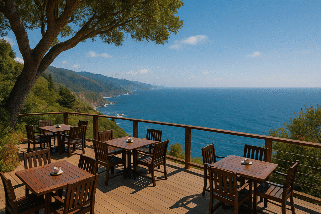 Cliffside outdoor dining with ocean views, perfect for travelers exploring where to eat between Carmel and Big Sur.
