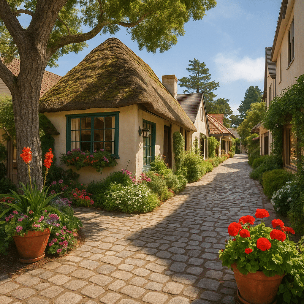 Charming cobblestone street with colorful flowers and cottages, perfect for exploring Carmel-by-the-Sea after your Big Sur drive.