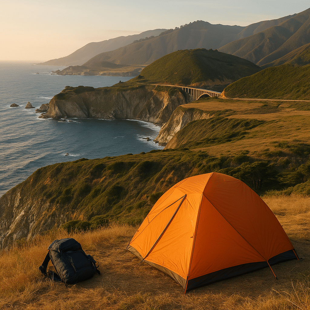 A scenic campsite with an orange tent overlooking cliffs and the Pacific Ocean, showcasing why Big Sur is a camper’s dream.