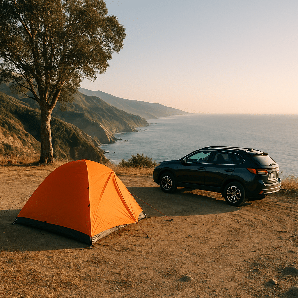 A car and tent on a cliffside campsite overlooking the Pacific Ocean, illustrating what is dispersed camping (and why it feels different).