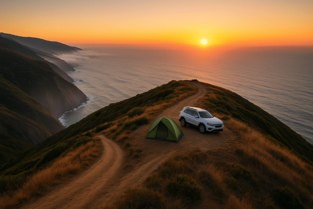 Sunset view from Plaskett Ridge Road – the crown jewel of Big Sur dispersed camping, with a tent and car overlooking the Pacific Ocean.