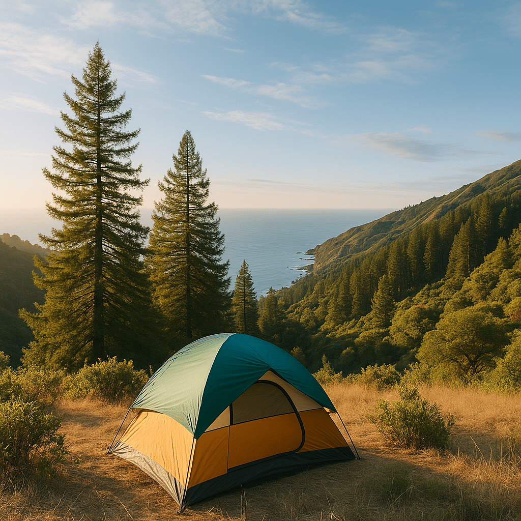 A tent set up on a hillside overlooking the Pacific Ocean, surrounded by tall pines, showcasing serene Los Padres National Forest spots.