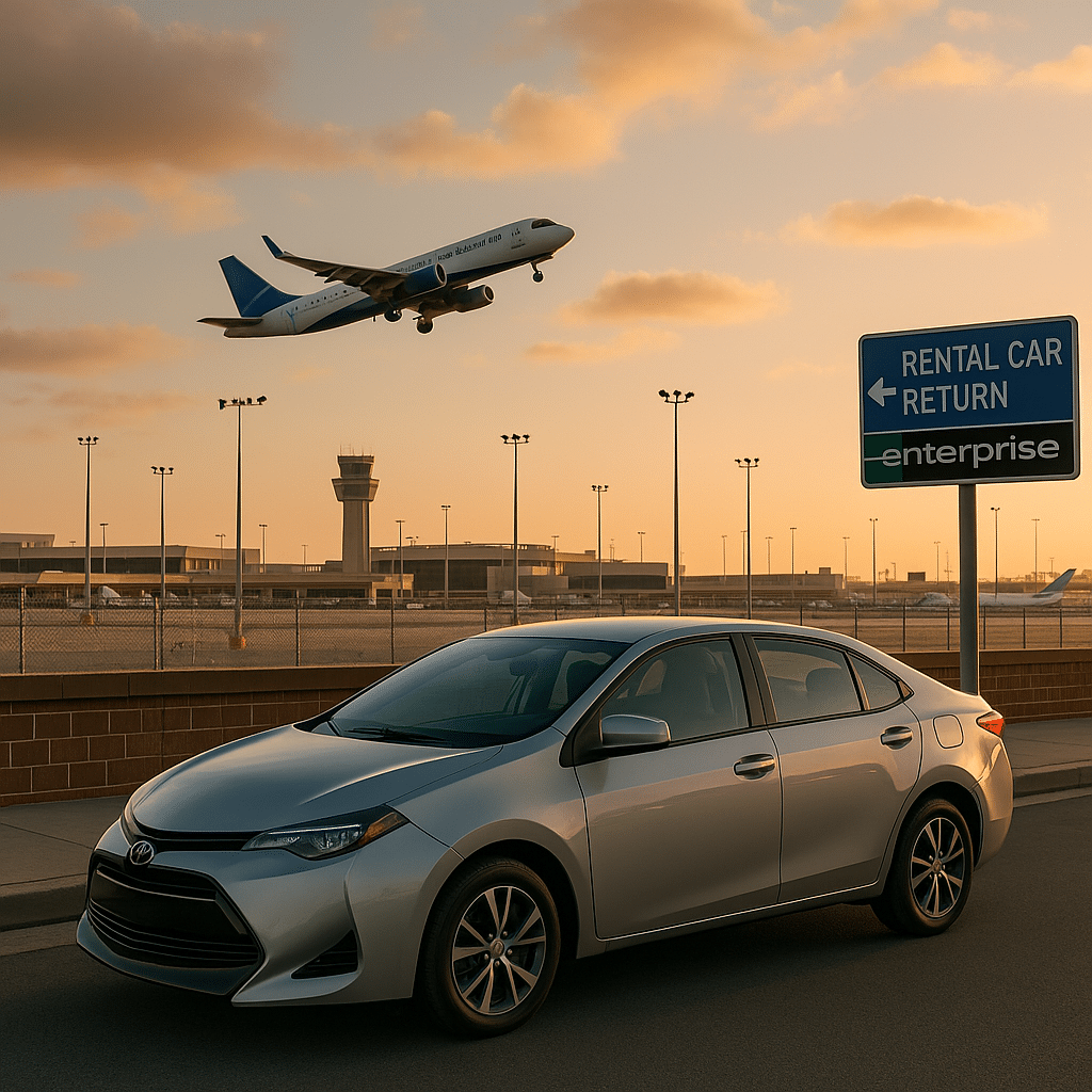 Airport rental car lot with a plane taking off, illustrating travel tips for how to get to Big Sur (without losing your mind).
